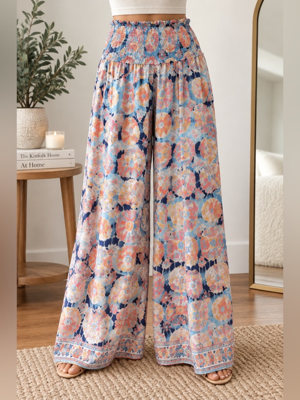 Silky Light Blue and Coral Floral Wide Leg pant - Boho Smocked Waist